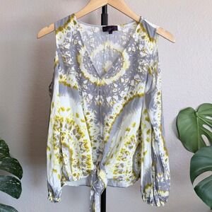 Hale Bob Women Silk Tie Dye Cold Shoulder Tie Front Top Grey Yellow Small